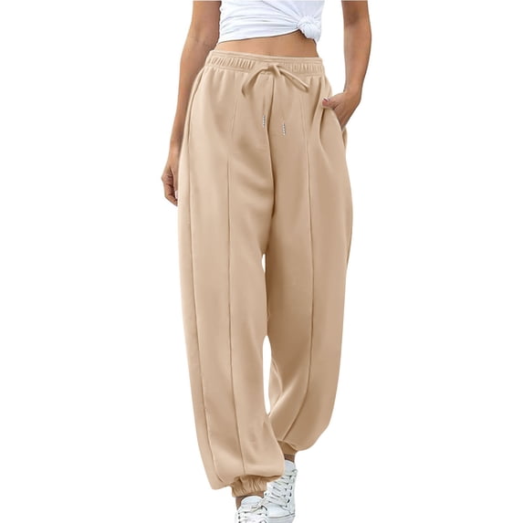 Lovzfmll High Waist Joggers for Women, Solid Color Casual Sweatpants, Ankle Cuff Lounge Pants with Pockets Khaki, XL