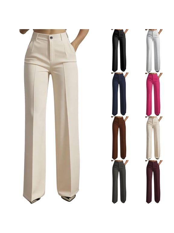High Waist Straight Leg Pants for Women, Solid Color Dress Pants with Pocket, Casual Full Length Pants Dark Gray, L
