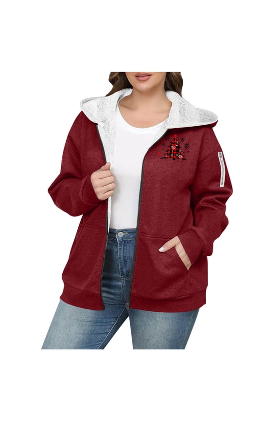 Hoodie for Women, Christmas Trendy Plus Size Zip Up Fleece Sweatshirt Winter Clothing Essentials Hoodie Outerwear Winter Coats