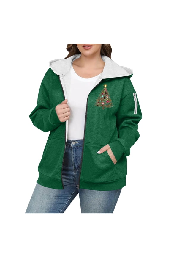 Hoodie for Women, Christmas Trendy Plus Size Zip Up Fleece Sweatshirt Winter Clothing Essentials Hoodie Outerwear Winter Coats