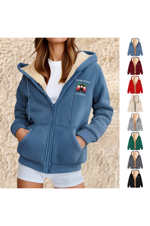 Hoodie for Women, Trendy Christmas Printed Fleece Sweatshirt Winter Clothing Essentials Hoodie Casual Outerwear Zip Up Winter Coats
