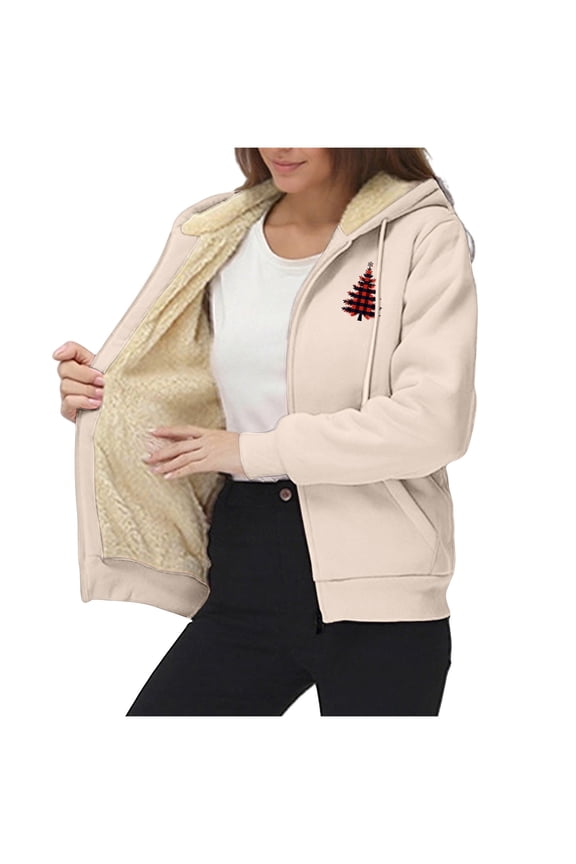 Hoodie for Women, Trendy Christmas Printed Fleece Sweatshirt Winter Clothing Essentials Hoodie Casual Outerwear Zip Up Winter Coats