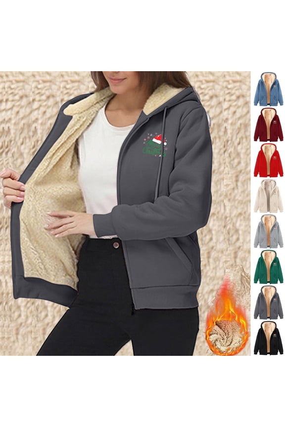 Hoodie for Women, Trendy Christmas Printed Fleece Sweatshirt Winter Clothing Essentials Hoodie Casual Outerwear Zip Up Winter Coats