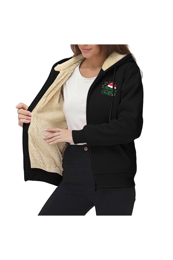 Hoodie for Women, Trendy Christmas Printed Fleece Sweatshirt Winter Clothing Essentials Hoodie Casual Outerwear Zip Up Winter Coats
