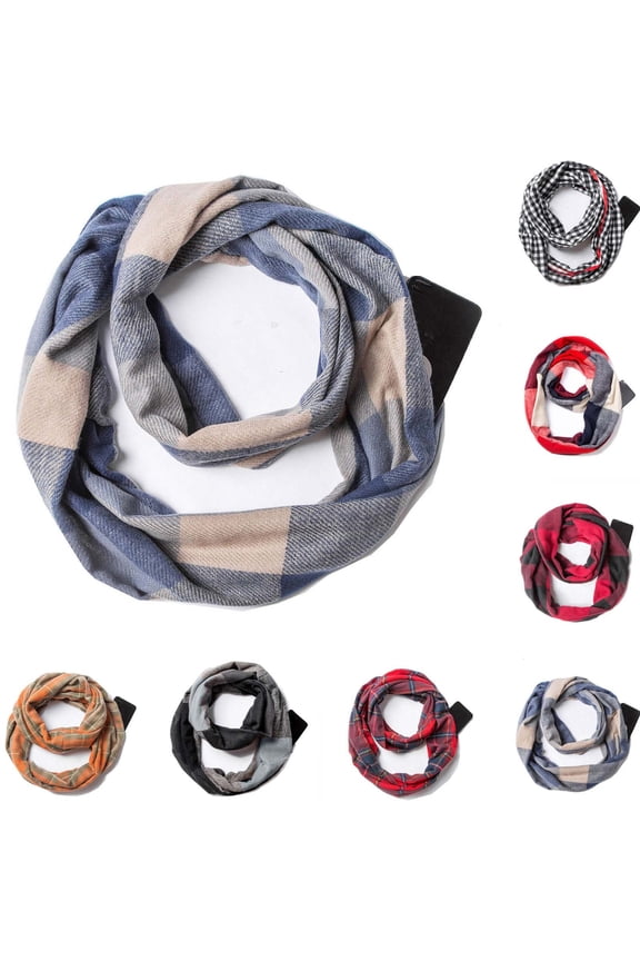 Infinity Scarf for Women & Men, Plaid Thick Winter Neck Warmer with Zipper Pocket, Couple Matching Scarf