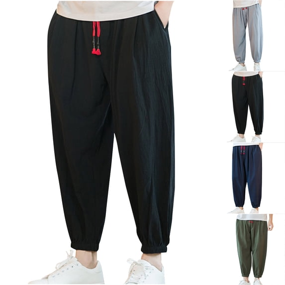Lovzfmll Jogger Pants for Men, Summer Outdoor Linen Relaxed Fit Drawstring, Casual Loose Fit Ankle Length Joggers