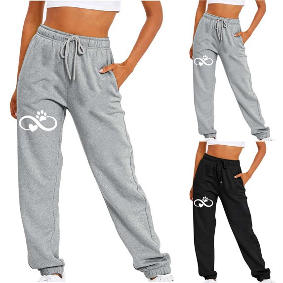 Lovzfmll Jogger Pants for Women, Dog Paw Print Casual Drawstring with Pocket, Loose Ankle Length Joggers Gray, S