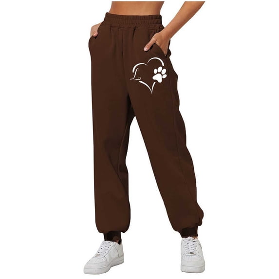 Lovzfmll Jogger Pants for Women, Heart Paw Print Casual Drawstring with Pocket, Loose Ankle Length Joggers Brown, XL