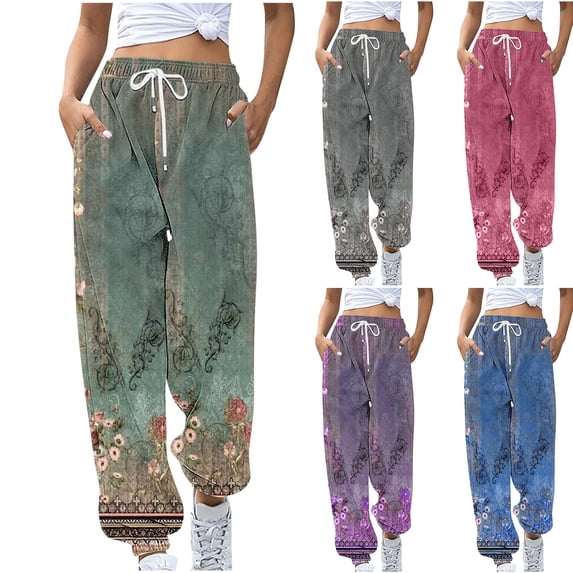 Lovzfmll Jogger Pants for Women, Printed Drawstring Elastic Waist, Casual Ankle Length Joggers Green, S