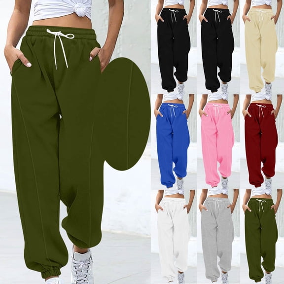 Lovzfmll Joggers for Women, Drawstring Elastic Waist Sweatpants, Solid Color Casual Pants with Side Stripes & Pockets Army Green, S