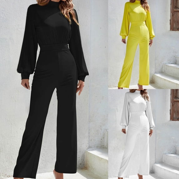 Lovzfmll Jumpsuit for Women, Crew Neck Long Sleeve with Puff Sleeve, Casual Straight Ankle Length Jumpsuit Black, S