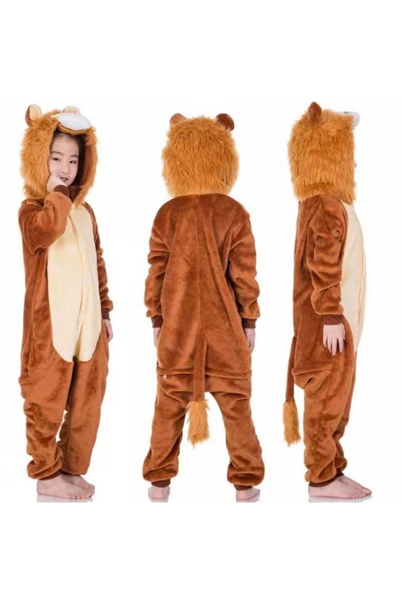Kids Animal Onesie, Cozy Flannel Lion Costume, Long Sleeve Snap Closure, Hooded Sleepwear for Little Boys Girls, Cosplay Outfit Loungewear for 2-10 Years
