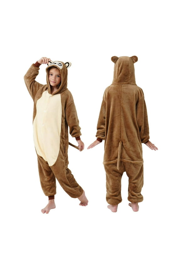 Kids Chipmunk Onesie, Cozy Flannel Animal Pajamas, Long Sleeve Snap Closure, Hooded Jumpsuit for Little Boys Girls, Fun Photo Prop Loungewear for 2-3 Years