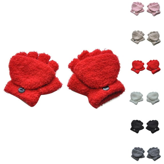 Lovzfmll Kids' Convertible Plush Mittens, Kids's Flip Top Winter Gloves, Solid Color Fleece Lined for Indoor and Outdoor 5-11 Years, Red