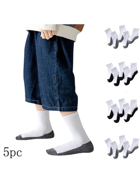 Kids Crew Socks 5-Pair Pack for Boys & Girls, Mid-Calf Moisture Wicking Breathable Solid Color Athletic Sports Socks