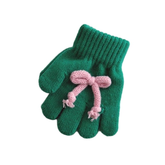 Lovzfmll Kids' Knit Gloves with Bow, Kids's Full Finger Outdoor Gloves, Solid Color Winter Warmth for Girls Ages 3-11 Years, Green
