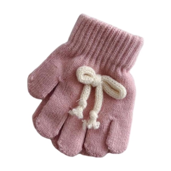 Lovzfmll Kids' Knit Gloves with Bow, Kids's Full Finger Outdoor Gloves, Solid Color Winter Warmth for Girls Ages 3-11 Years, Pink
