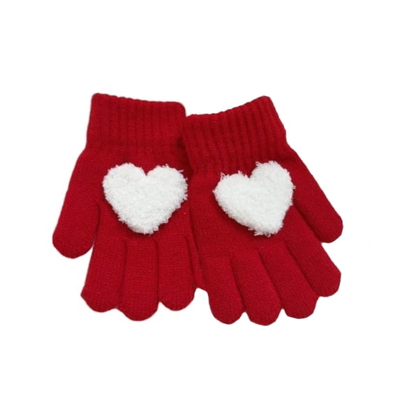 Lovzfmll Kids' Knit Gloves with Heart, Kids's Full Finger Outdoor Gloves, Solid Color Winter Warmth for Girls Ages 3-8 Years, Red