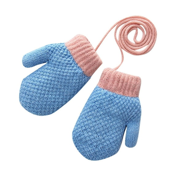 Lovzfmll Kids' Knit Mittens with Neck Strap, Kids's Fleece Lined Winter Gloves for Outdoor Cold Protection Ages 1-3 Years, Blue