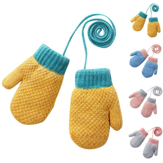 Lovzfmll Kids' Knit Mittens with Neck Strap, Kids's Fleece Lined Winter Gloves for Outdoor Cold Protection Ages 1-3 Years, Yellow