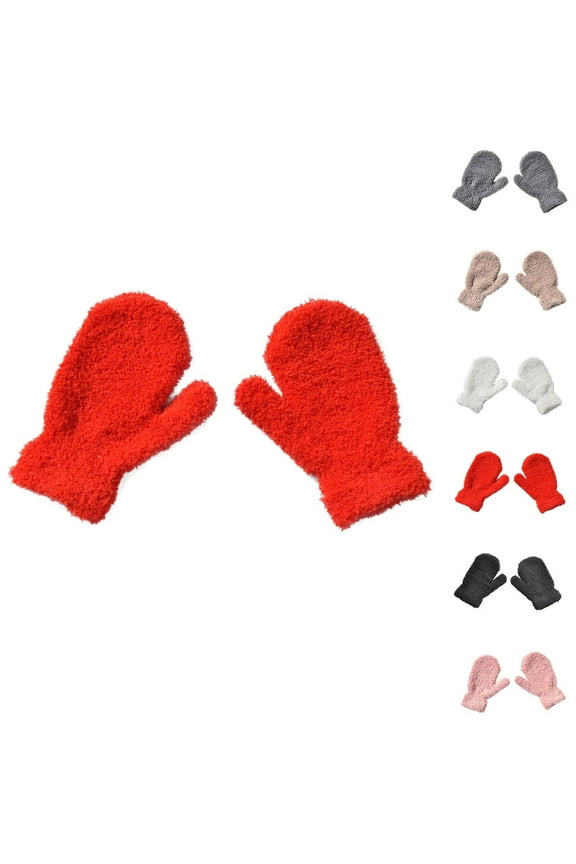 Kids' Plush Mittens, Kids's Solid Color Winter Gloves, Fleece Lined Comfortable Warm for Daily Winter Play 5-11 Years, Red