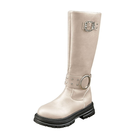 Lovzfmll Knee High Boots Women, Boots Round Toe Side Zipper Low Heel, Chunky Low Heel Round Toe Buckle Leather Motorcycle Boots Casual White Boots