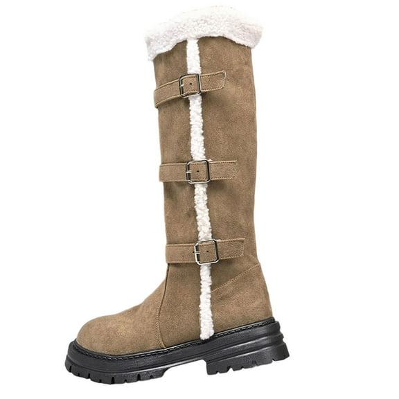 Lovzfmll Knee High Boots Women, Faux Fur Snow Mid Calf Belt Buckle Mid Heel, Chunky Low Heel Round Toe Buckle Boots Casual Fall Khaki Boots
