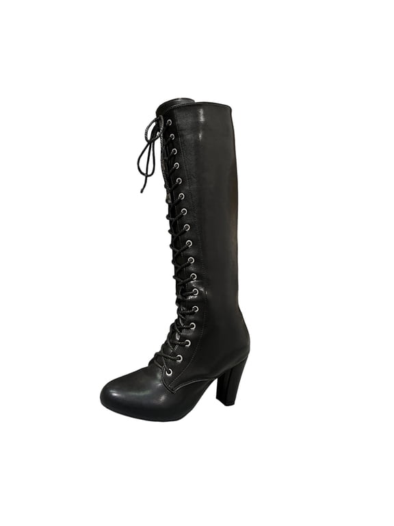 Knee High Boots Women, Knee High Riding Boots Round Toe Lace Up, Block Mid Heel Round Toe Leather Boots Fall Black Boots