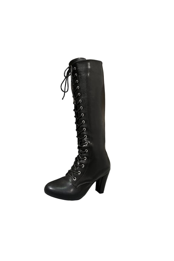 Knee High Boots Women, Knee High Riding Boots Round Toe Lace Up, Block Mid Heel Round Toe Leather Boots Fall Black Boots