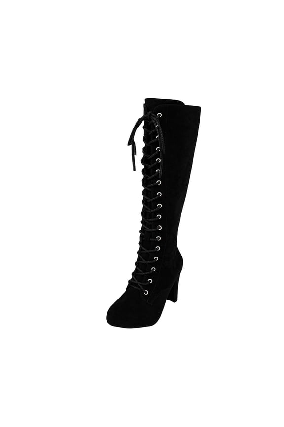 Knee High Boots Women, Knee High Riding Boots Round Toe Lace Up, Chunky Mid Heel Round Toe Chelsea Boots Fall Black Boots