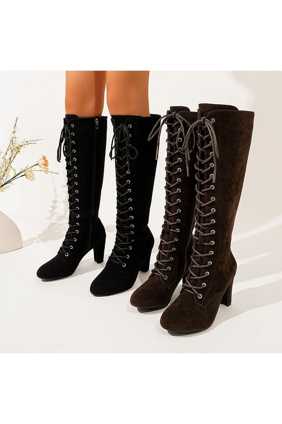 Knee High Boots Women, Knee High Riding Boots Round Toe Lace Up, Chunky Mid Heel Round Toe Chelsea Boots Fall Black Boots