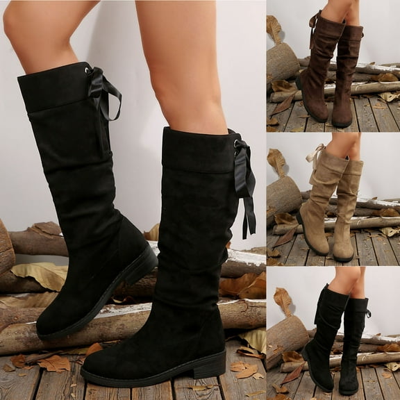 Lovzfmll Knee High Boots Women, Mid Calf Boots Mid Heel Back Lace Up, Block Low Heel Round Toe Chelsea Boots Casual Fall Black Boots