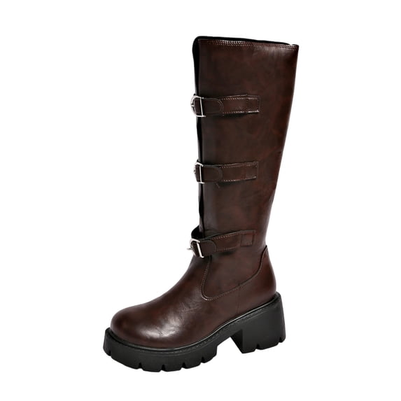 Lovzfmll Knee High Boots Women, Multi Buckle Mid Calf Chunky Heel Winter, Chunky Mid Heel Round Toe Buckle Leather Motorcycle Boots Warm Casual Fall Brown Boots