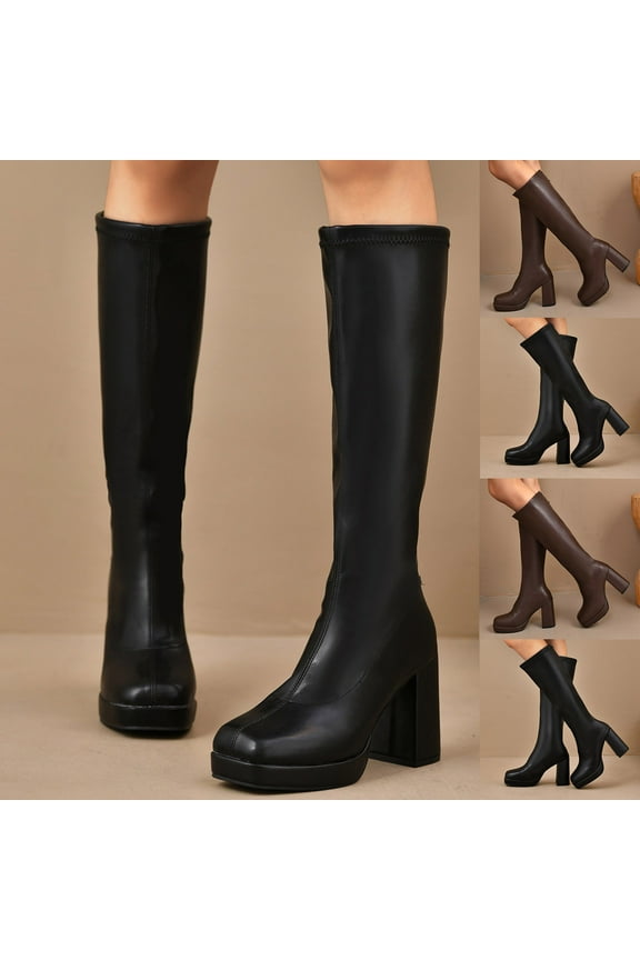 Knee High Boots Women, Plus Size Mid Calf Chunky Heel, Chunky Mid Heel Square Toe Leather Boots Casual Fall Black Boots