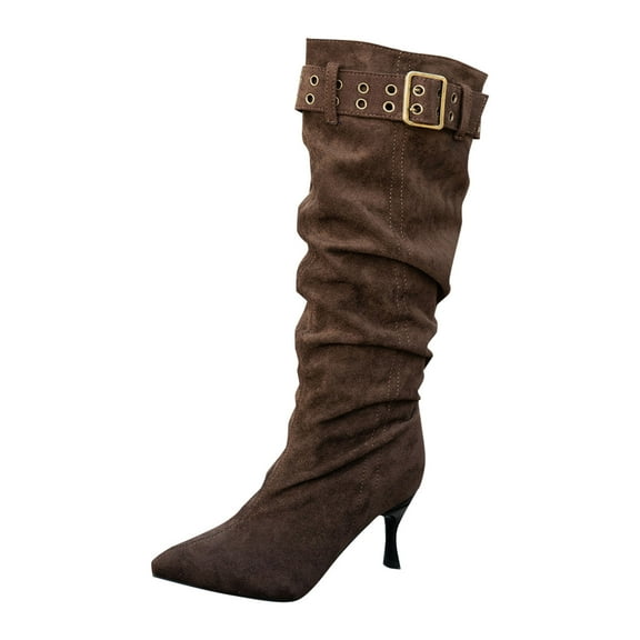 Lovzfmll Knee High Boots Women, Slouchy Knee High Pointed Toe Stiletto Heel, Flare Mid Heel Wide Calf Pointy Toe Buckle Chelsea Boots Casual Fall Coffee Boots