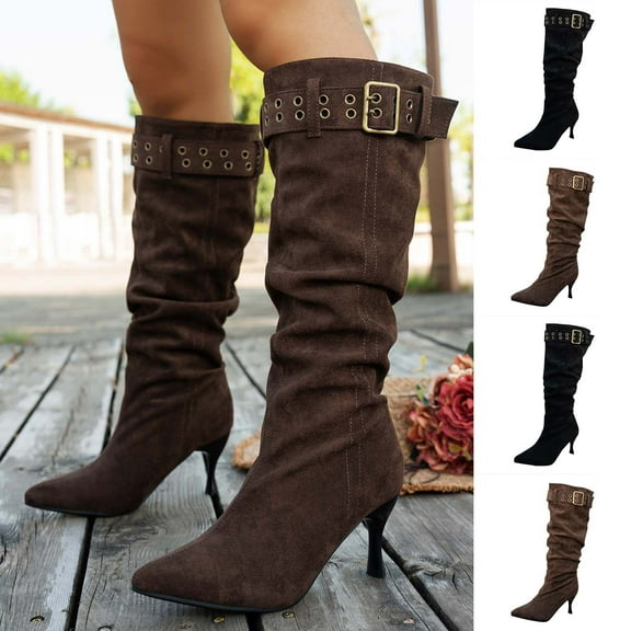 Lovzfmll Knee High Boots Women, Slouchy Knee High Pointed Toe Stiletto Heel, Flare Mid Heel Wide Calf Pointy Toe Buckle Chelsea Boots Casual Fall Coffee Boots