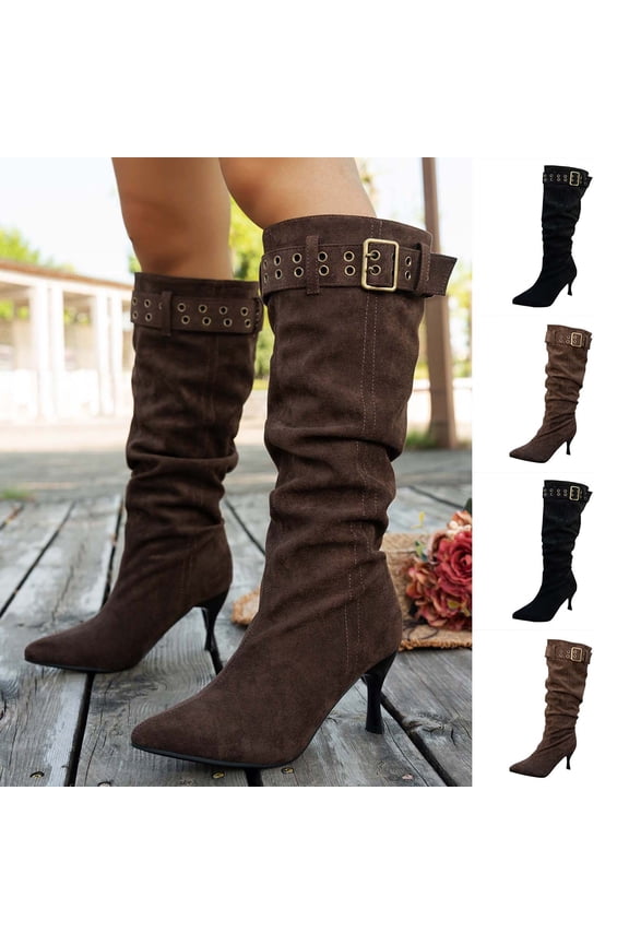 Knee High Boots Women, Slouchy Knee High Pointed Toe Stiletto Heel, Flare Mid Heel Wide Calf Pointy Toe Buckle Chelsea Boots Casual Fall Coffee Boots