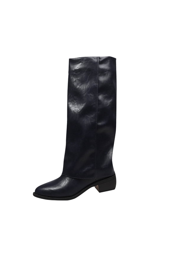 Knee High Boots Women, Slouchy Mid Calf Chunky Heel, Block Mid Heel Pointy Toe Leather Boots Casual Fall Black Boots