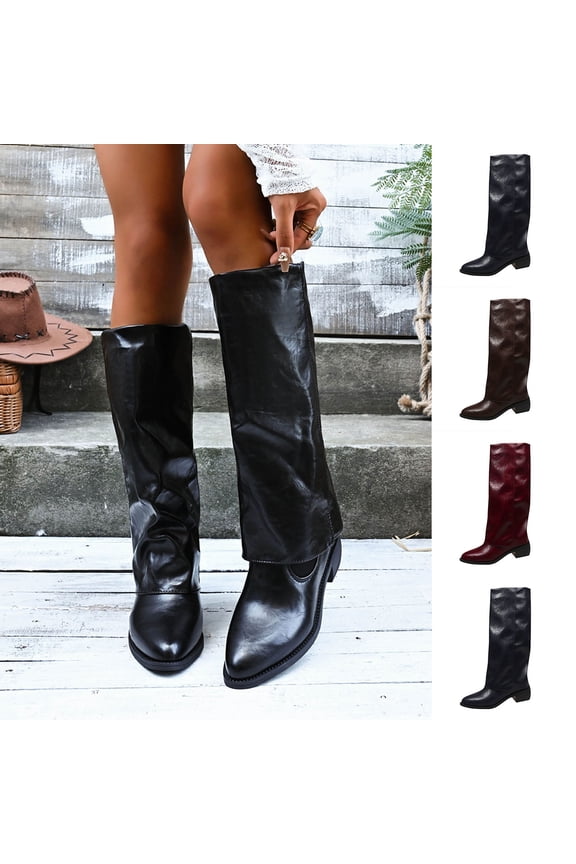 Knee High Boots Women, Slouchy Mid Calf Chunky Heel, Block Mid Heel Pointy Toe Leather Boots Casual Fall Black Boots