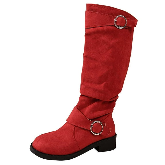 Lovzfmll Knee High Boots Women, Stacked Wide Calf Snow Boots Suede Belt Buckle, Faux Fur Lined Block Low Heel Round Toe Winter Motorcycle Warm Red Boots