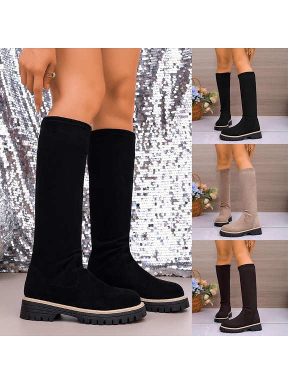 Knee High Boots Women, Stretch Mid Calf Round Toe Chunky Heel, Chunky Low Heel Round Toe Boots Casual Fall Black Boots