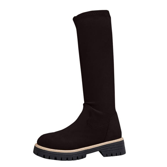 Lovzfmll Knee High Boots Women, Stretch Mid Calf Round Toe Chunky Heel, Chunky Low Heel Round Toe Boots Casual Fall Black Boots