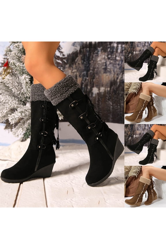 Knee High Boots Women, Wedge Mid Calf Suede Fringe Faux Fur, Back Lace Up Chunky Mid Heel Round Toe Tassel Boots Casual Fall Black Boots