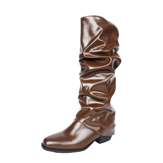Lovzfmll Knee High Boots Women, Western Boots Pointed Toe Belt Buckle Mid Heel, Block Heel Wide Calf Chelsea Leather Boots Fall Brown Boots