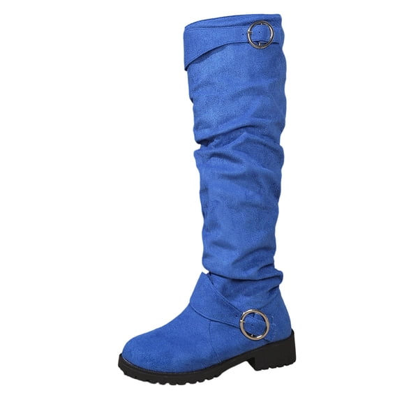Lovzfmll Knee High Boots for Women, Round Toe Belt Buckle Western Cowboy Warm Slouch Boots, Chunky Heel Fall Winter Shoes, 6, Blue