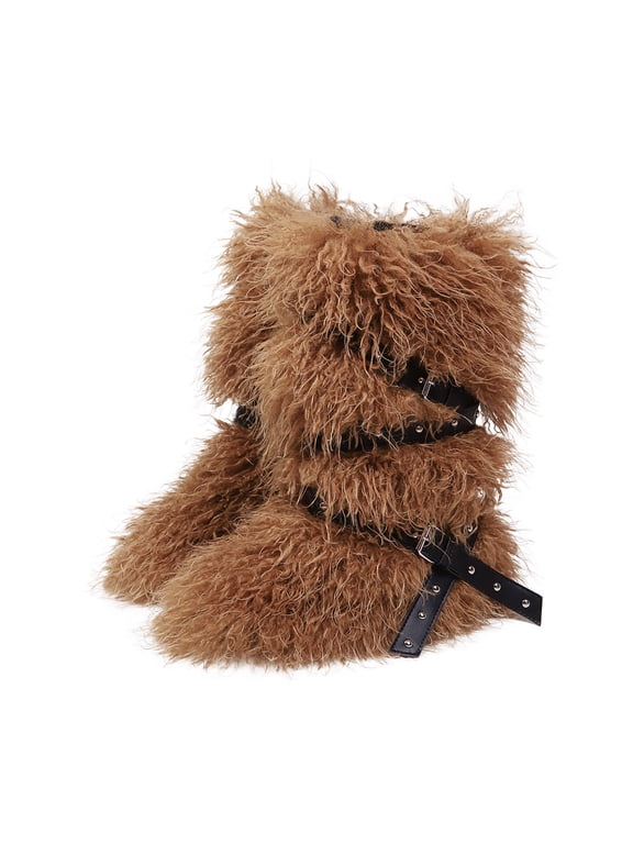 Knee High Boots for Women, Warm Winter Furry Fluffy Boots, Round Toe Belt Buckle Snow Boots, Fashion Casual Shoes, 6.5, Brown