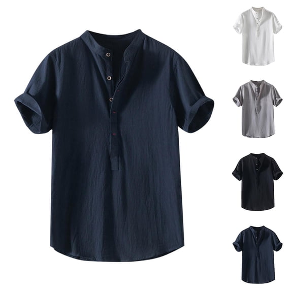 Lovzfmll Linen-Blend Short Sleeve Shirt for Men, Half-Button Placket with Mandarin Collar, Relaxed Casual Comfort Top