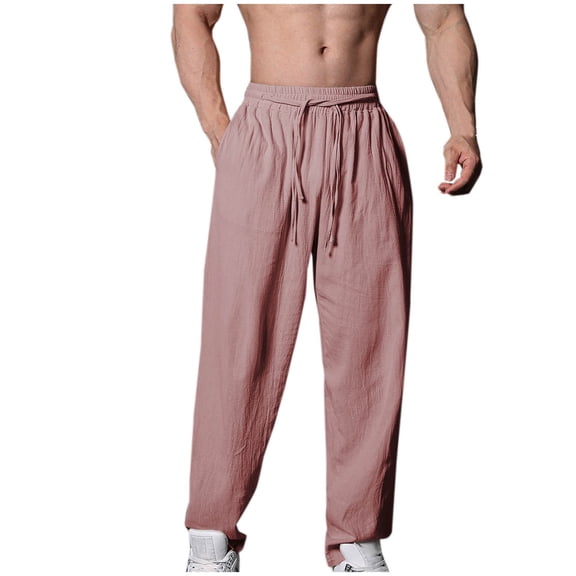 Lovzfmll Linen Pants Men, Men's Baggy Cargo Pants Casual Daily Loose Lightweight and Comfortable Fashion Solid Color Pockets Elastic Rope Sports Outdoor Work Pants with Pockets Red M