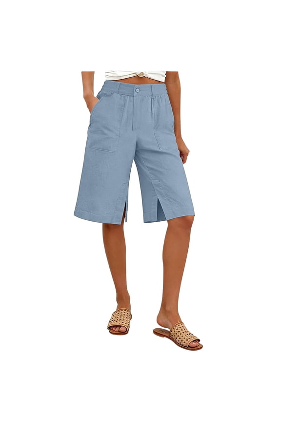 Linen Shorts for Women, Solid Color Split Hem, Casual Everyday Shorts Blue, 2XL