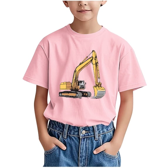 Lovzfmll Little Boy's T-Shirts, Excavator Print Short Sleeve Tee, Casual Loose Fit Pullover Graphic Tees for 11-12 Years